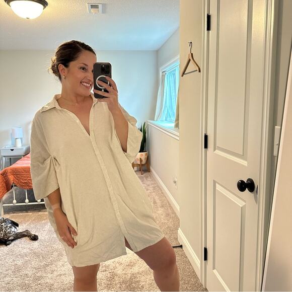 Myrah Penaloza Tan Cream Linen Blend Button Front Mini Dress M/L - Picture 4 of 12